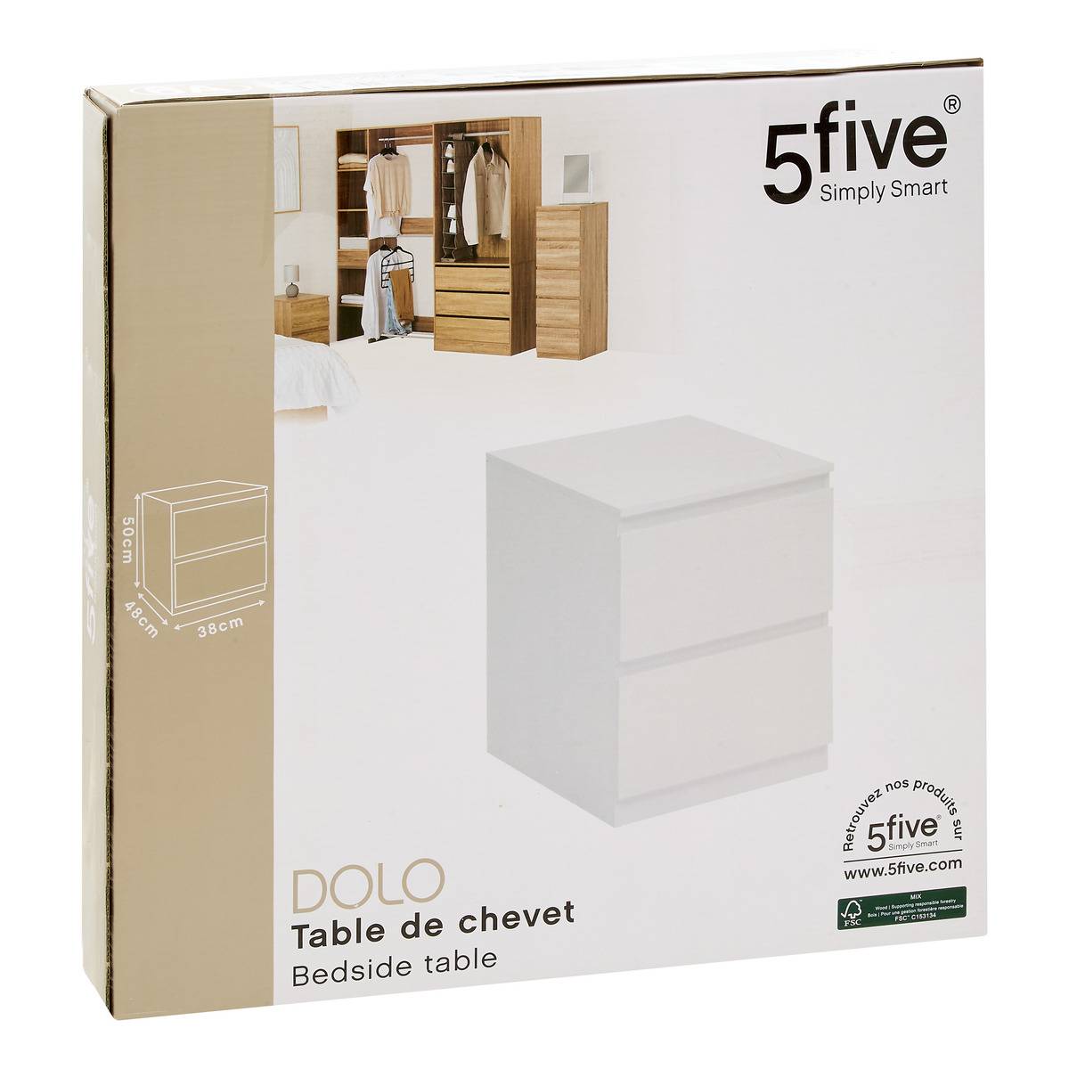 Table de chevet 2 tiroirs DOLO blanc, 5FIVE SIMPLY SMART