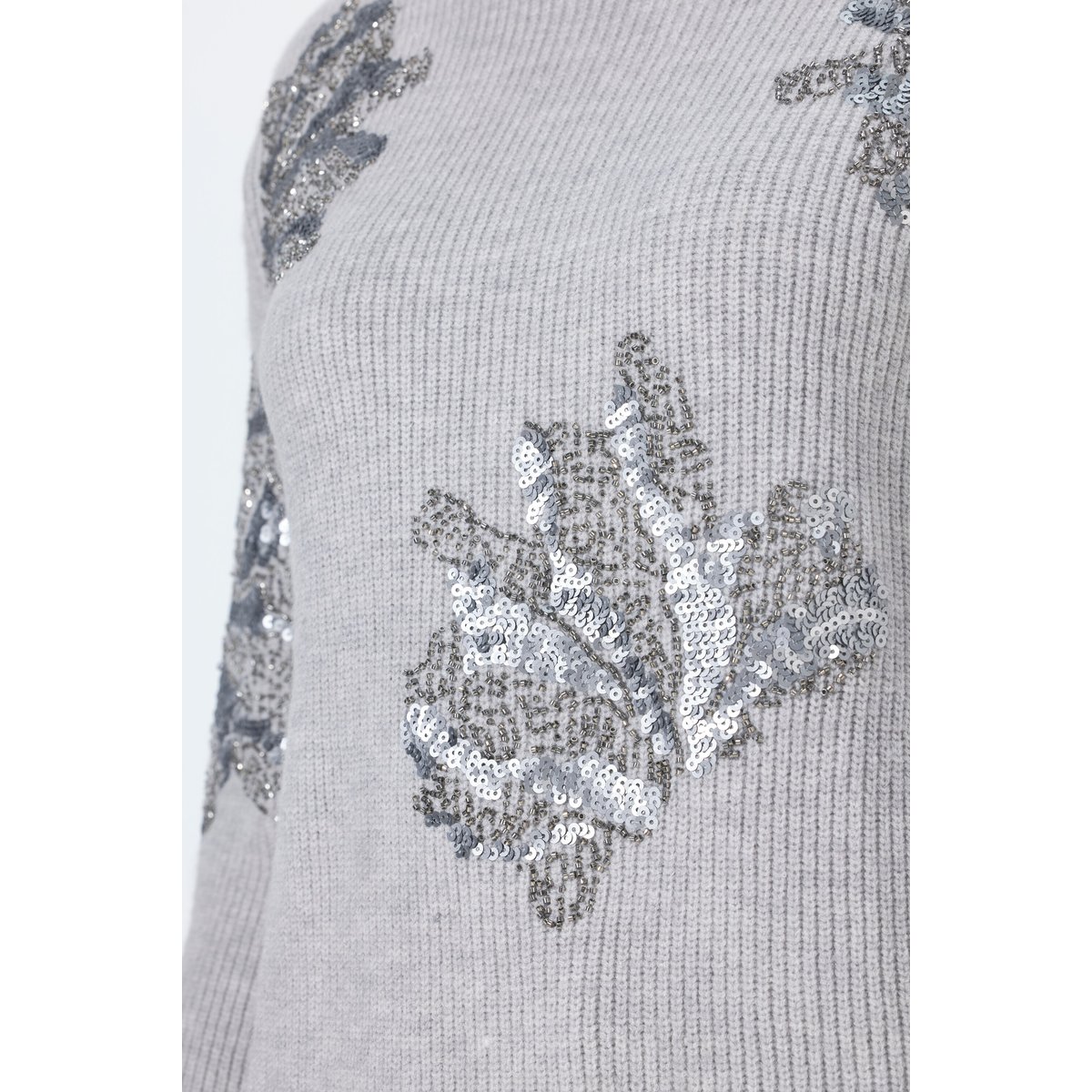 Pull coupe Classic Fit, broderies florales chiné gris moyen, ULLA POPKEN