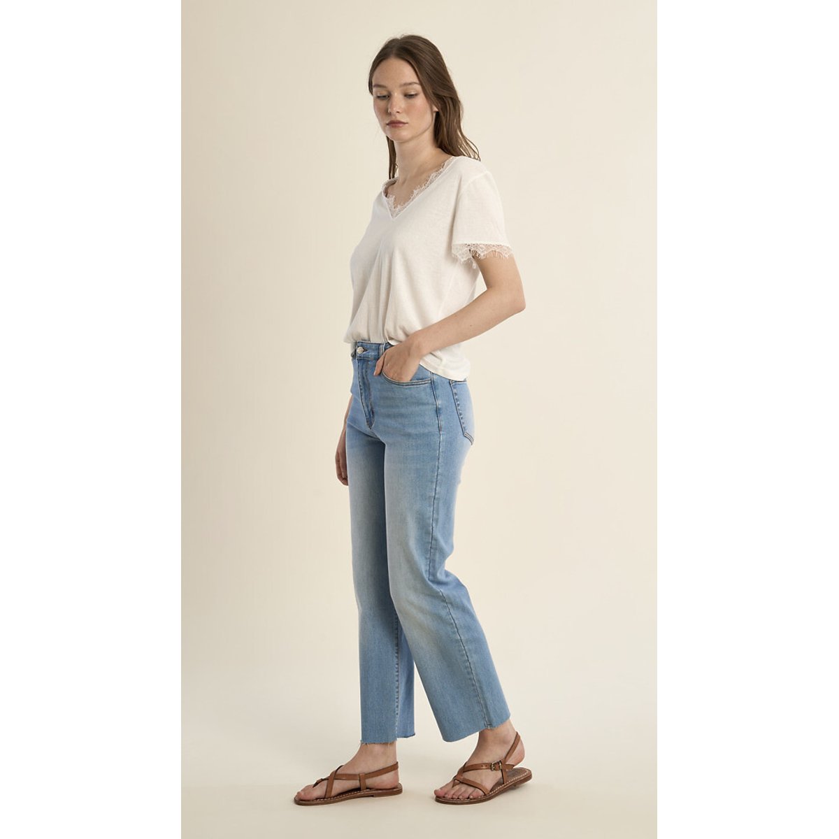 T-shirt manches courtes col v détail dentelle blanc, MOLLY BRACKEN