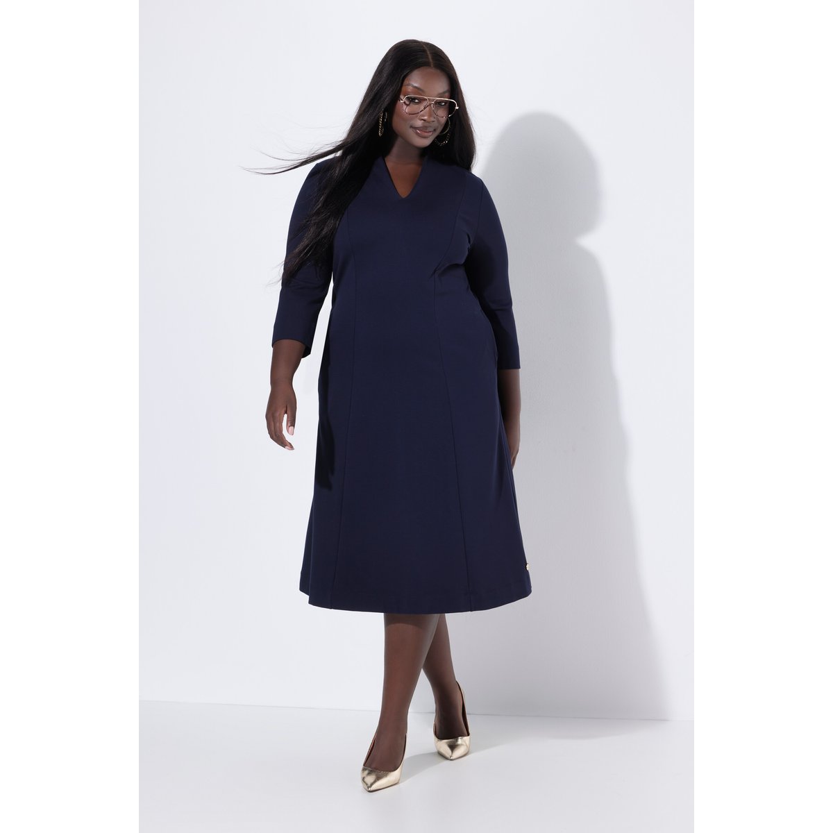 Robe midi point de Rome, manches 3/4 marine foncé, ULLA POPKEN