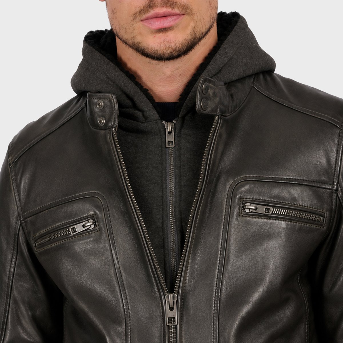 Veste en cuir à col mao DRINK noir, OAKWOOD