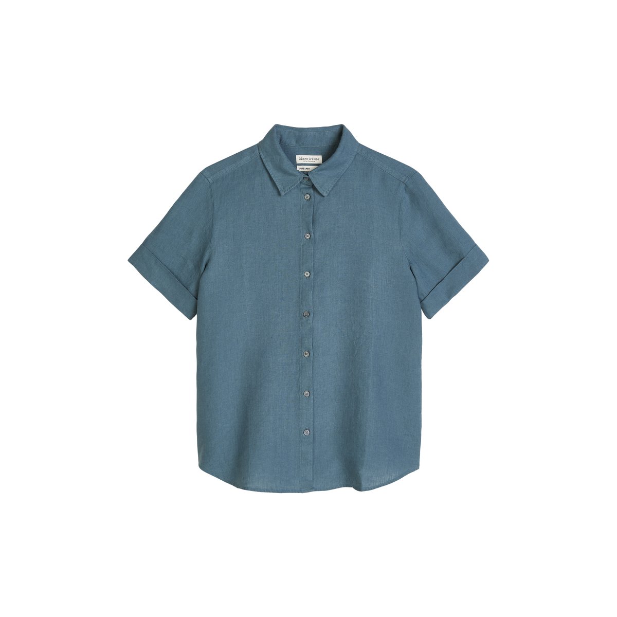 Blouse en lin à manches courtes regular avec de larges plis dans le dos bleu moyen, MARC O'POLO