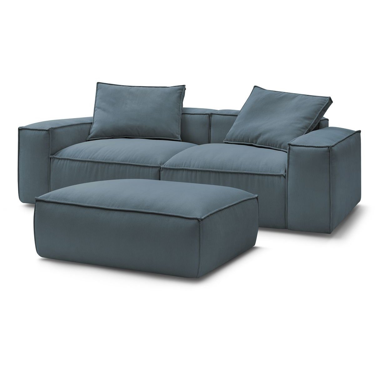 Canapé droit fixe 3 places en velours côtelé avec pouf, BOHEME bleu foncé, BOBOCHIC