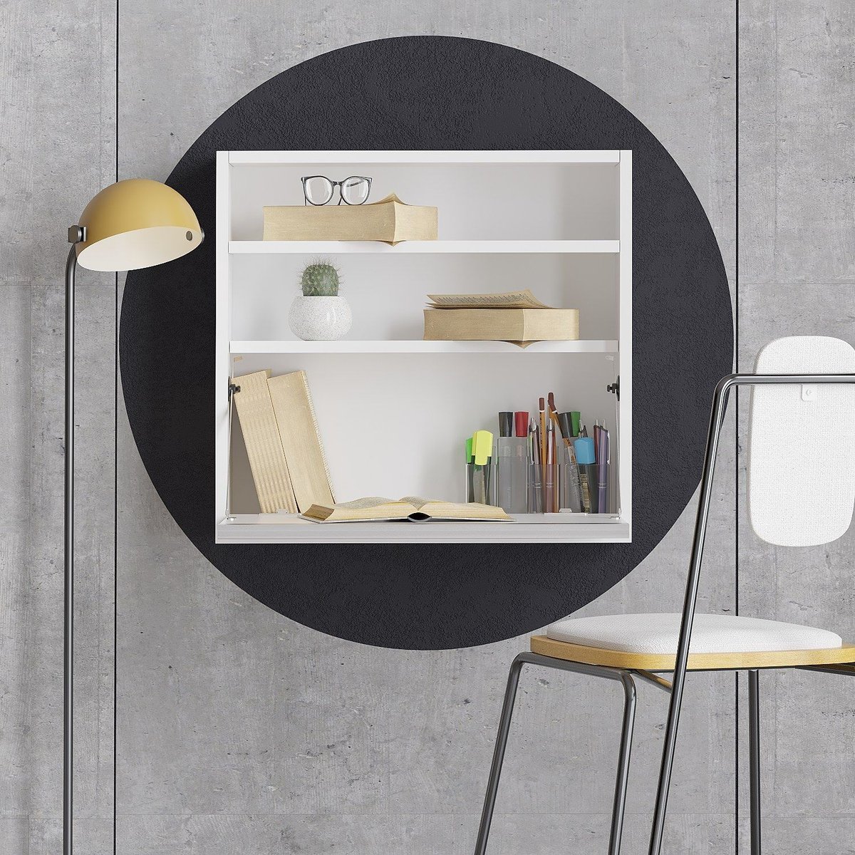 Bureau mural rabattable avec 2 étagères intégrées TULUM blanc, TOILINUX