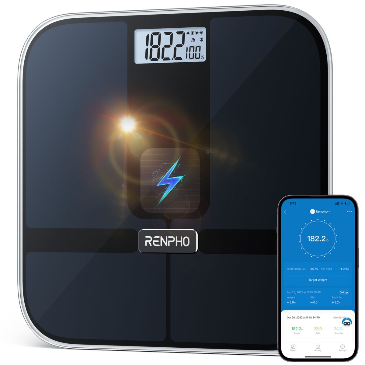 Pèse personne connecté Elis Solar 2 A020 connecté, impédancemètre, 13 mesures corporelles - Recharge solaire couleur unique, RENPHO