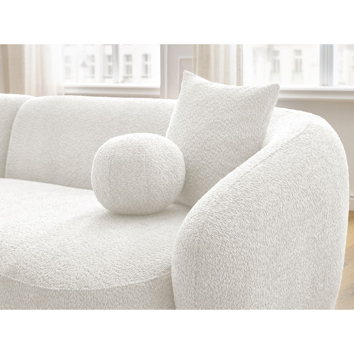 Canapé d'angle fixe 4 places en tissu bouclette avec pouf, ASHLEY blanc, BOBOCHIC