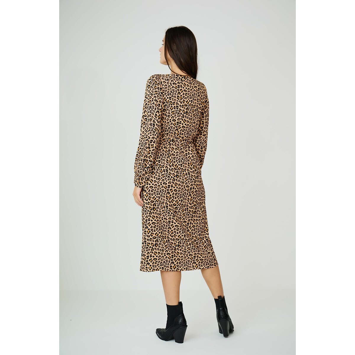 Animal Print Midi Dress with V-Neck and Long Sleeves leopard print, SEE U SOON