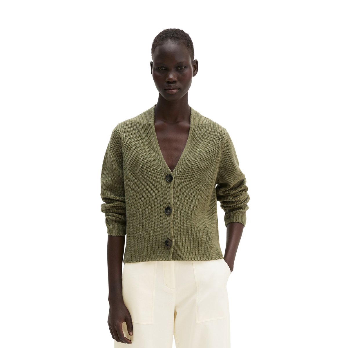 Cardigan col V relaxed en coton organique lourd vert, MARC O'POLO