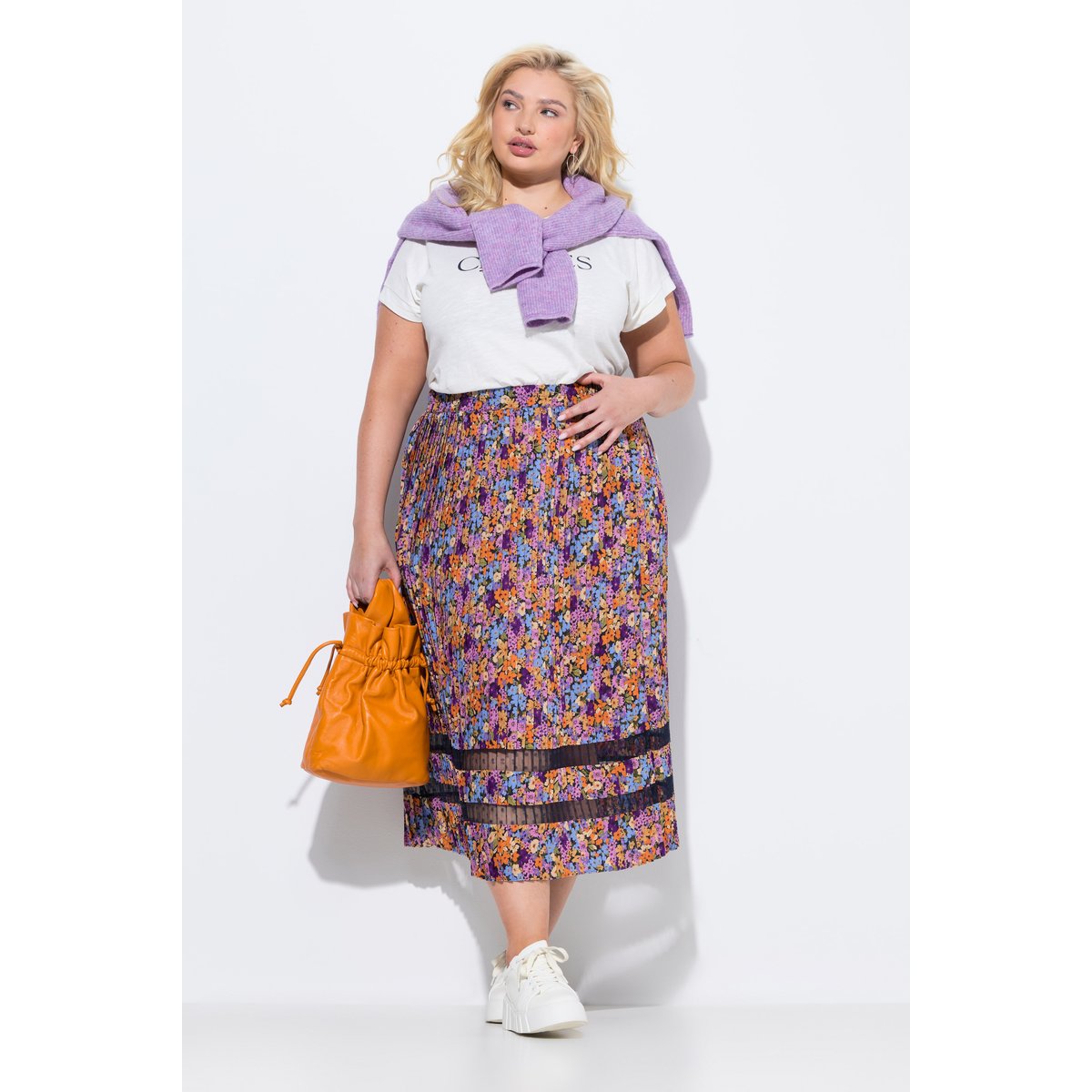 Jupe midi plissée, empiècements en dentelle orange vif, ULLA POPKEN