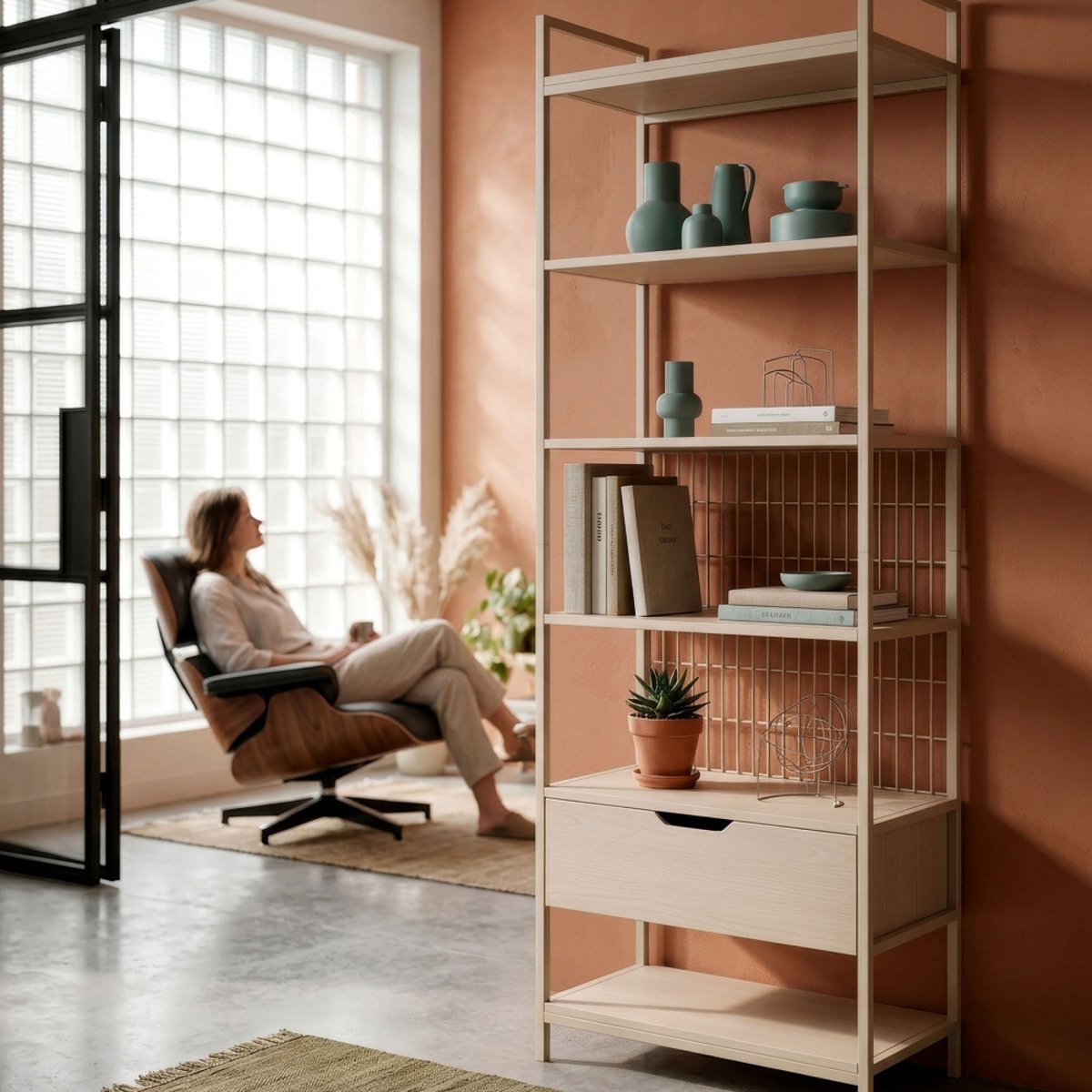 Étagère modulable 1 tiroir en métal et bois L60xH179,5cm - AQABA beige, DRAWER