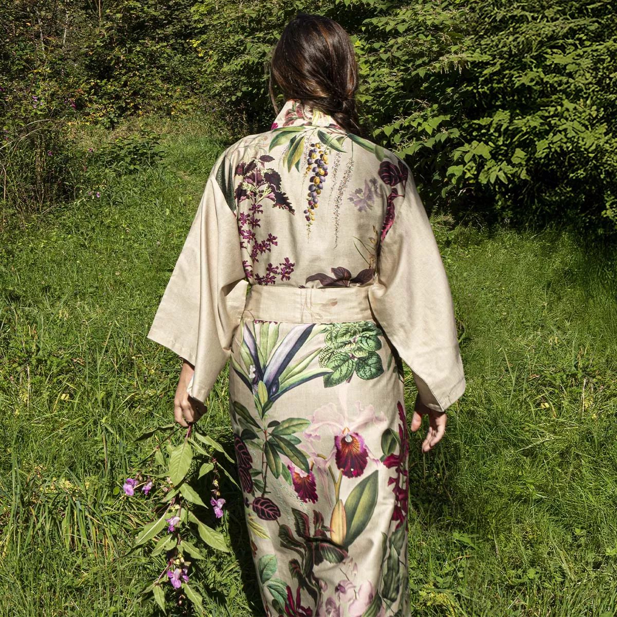 Kimono long satin de coton PARFUM D'ORCHIDEE grege, GARNIER THIEBAUT