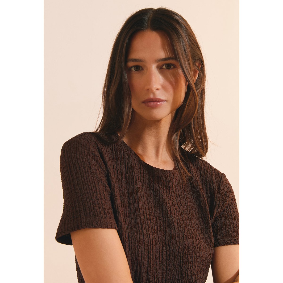 T-shirt manches courtes gaufré AUDREY chocolat, ETAM