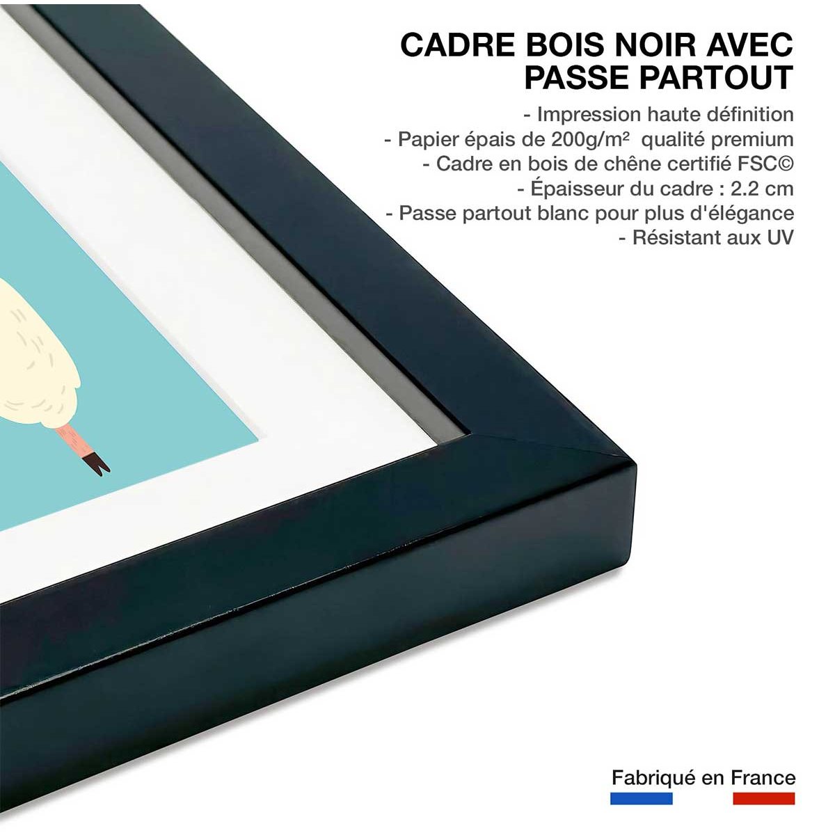 Affiche enfant lamas cartoon alpaga affiche + cadre en bois - noir, HEXOA