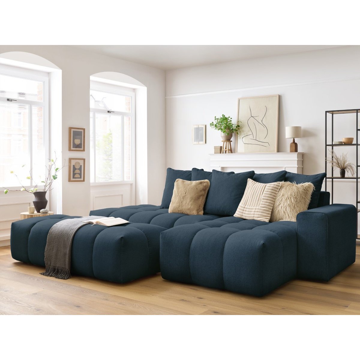 Canapé d'angle fixe 4 places en tissu chiné avec pouf, MONT-BLANC bleu foncé, BOBOCHIC