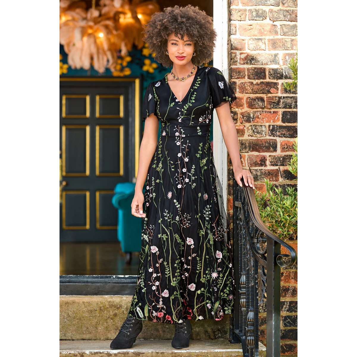 Robe Longue Brodée Fleurs Spectaculaires noir, JOE BROWNS
