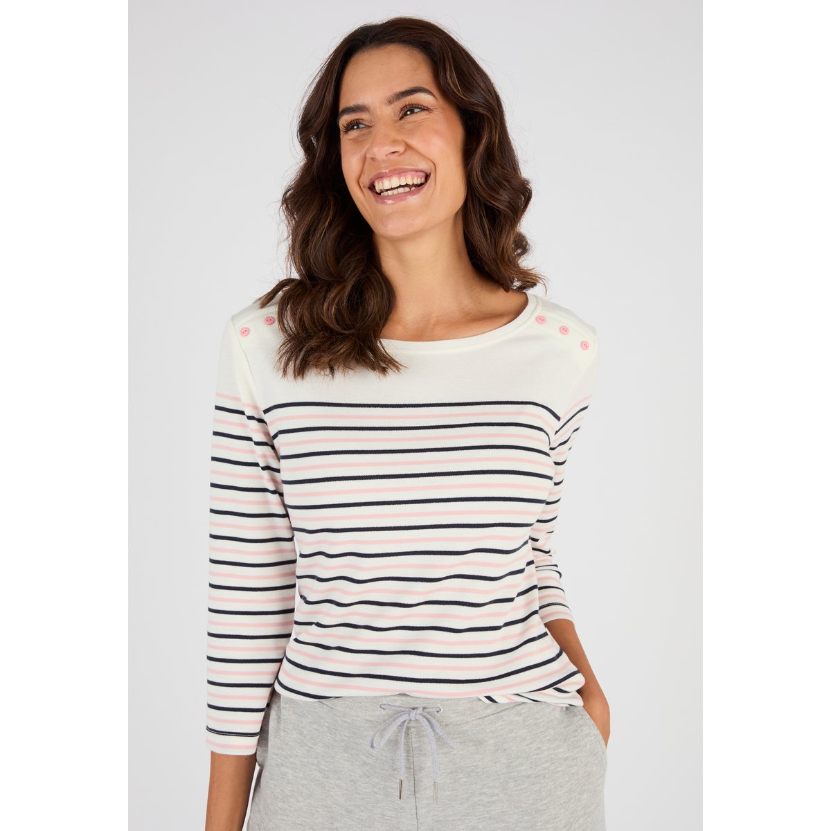 T-shirt rayé maille interlock rayé rose/marine, DAMART