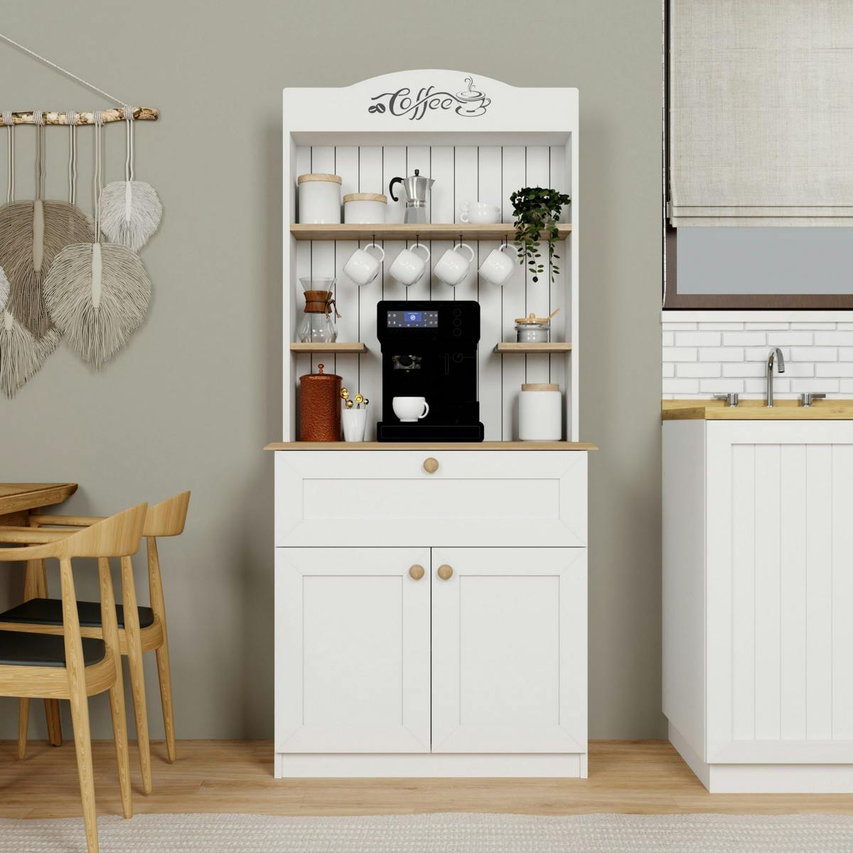 Vaisselier de cuisine avec niche machine à café VAREN blanc, PIER IMPORT