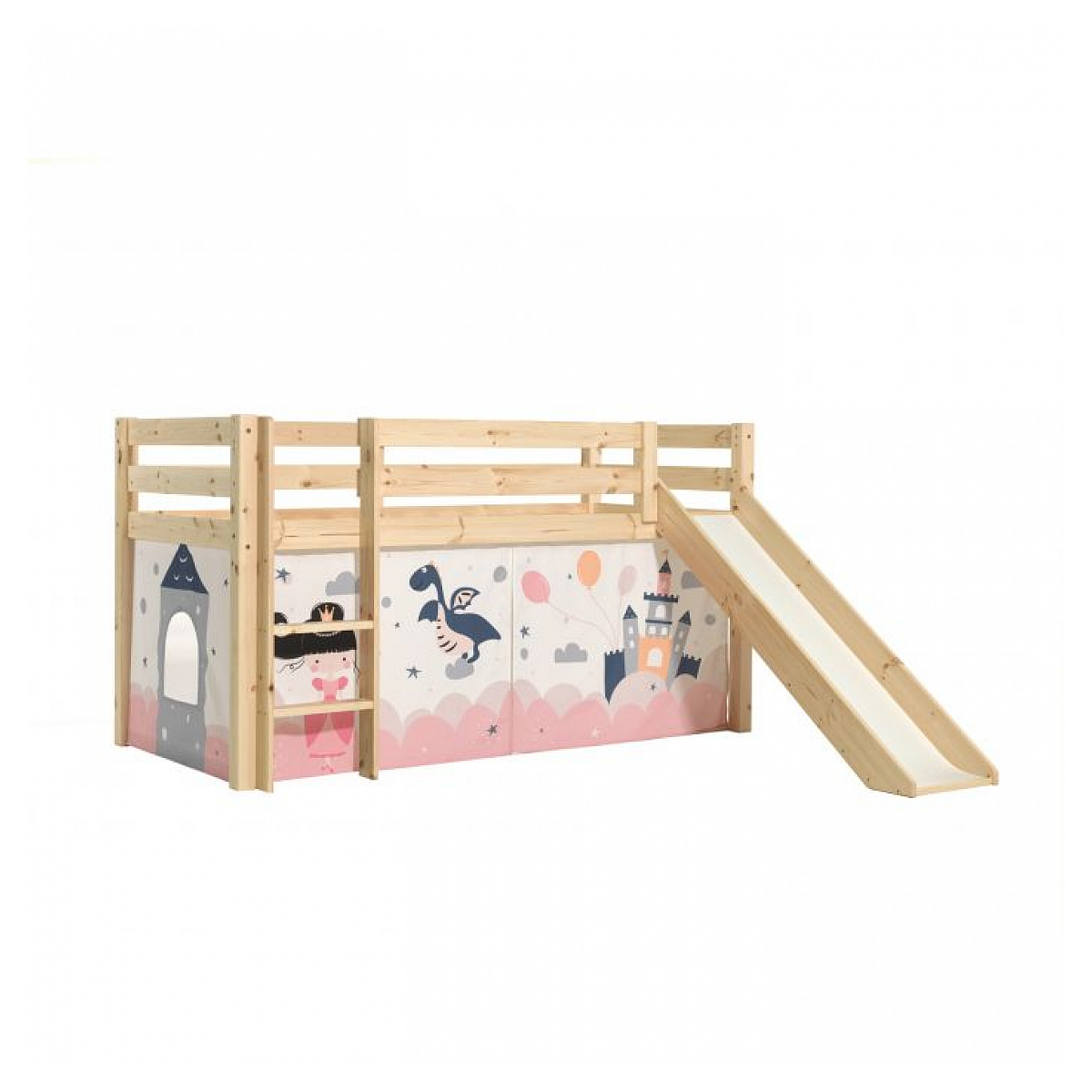 Lit Compact avec Toboggan Nature + Rideau en parties Princesse couleur unique, VIPACK