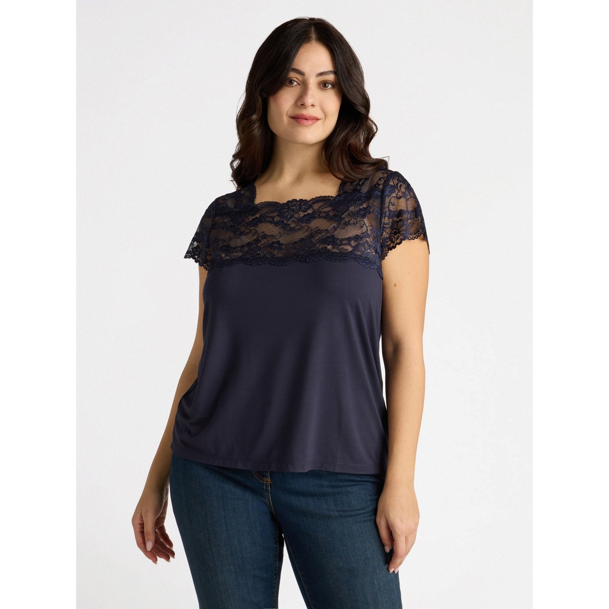 T-shirt à manches courtes avec partie supérieure en dentelle stretch noir, FIORELLA RUBINO