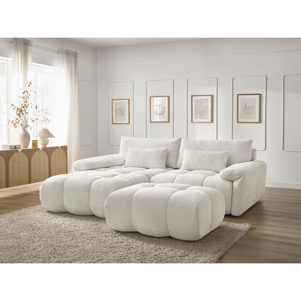Canapé d'angle fixe 4 places en tissu texturé, IVANE blanc, BOBOCHIC