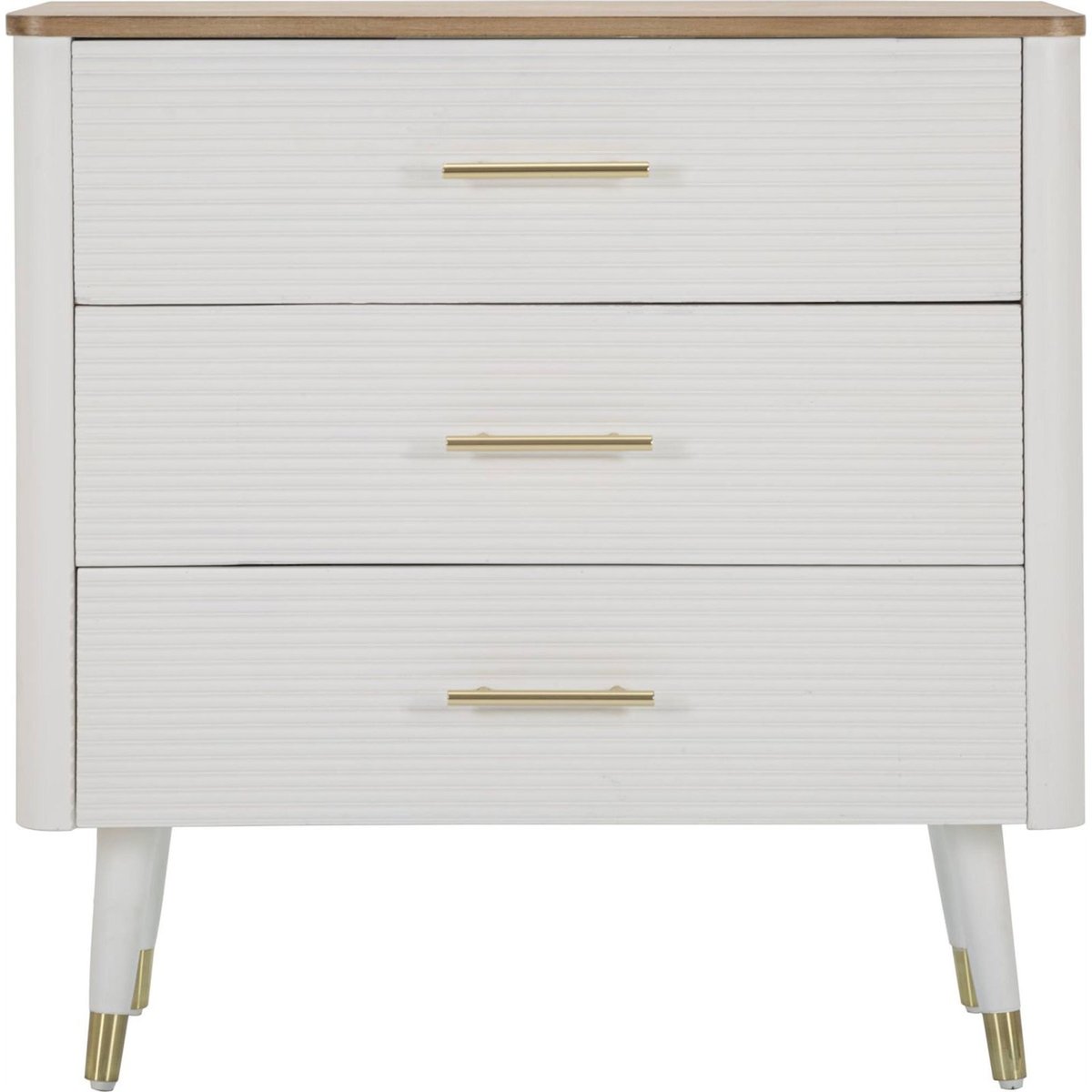 Commode frêne et pin 3 tiroirs poignées laiton blanc et brun avec détails dorés, RECOLLECTION