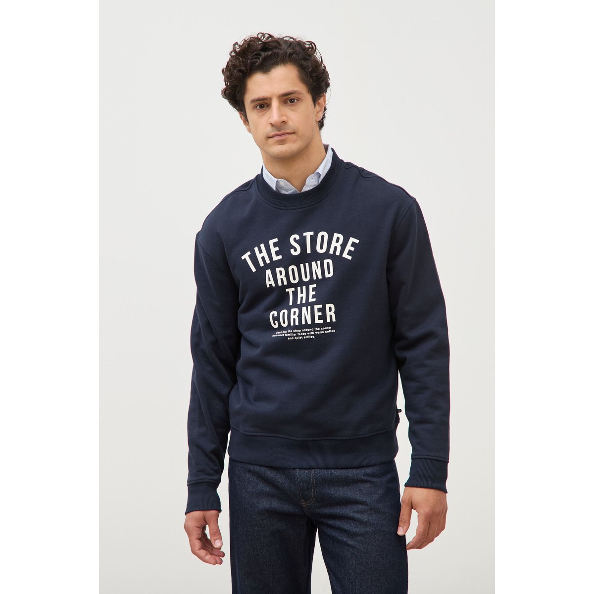 Sweat droit col rond en coton bleu marine, BONOBO
