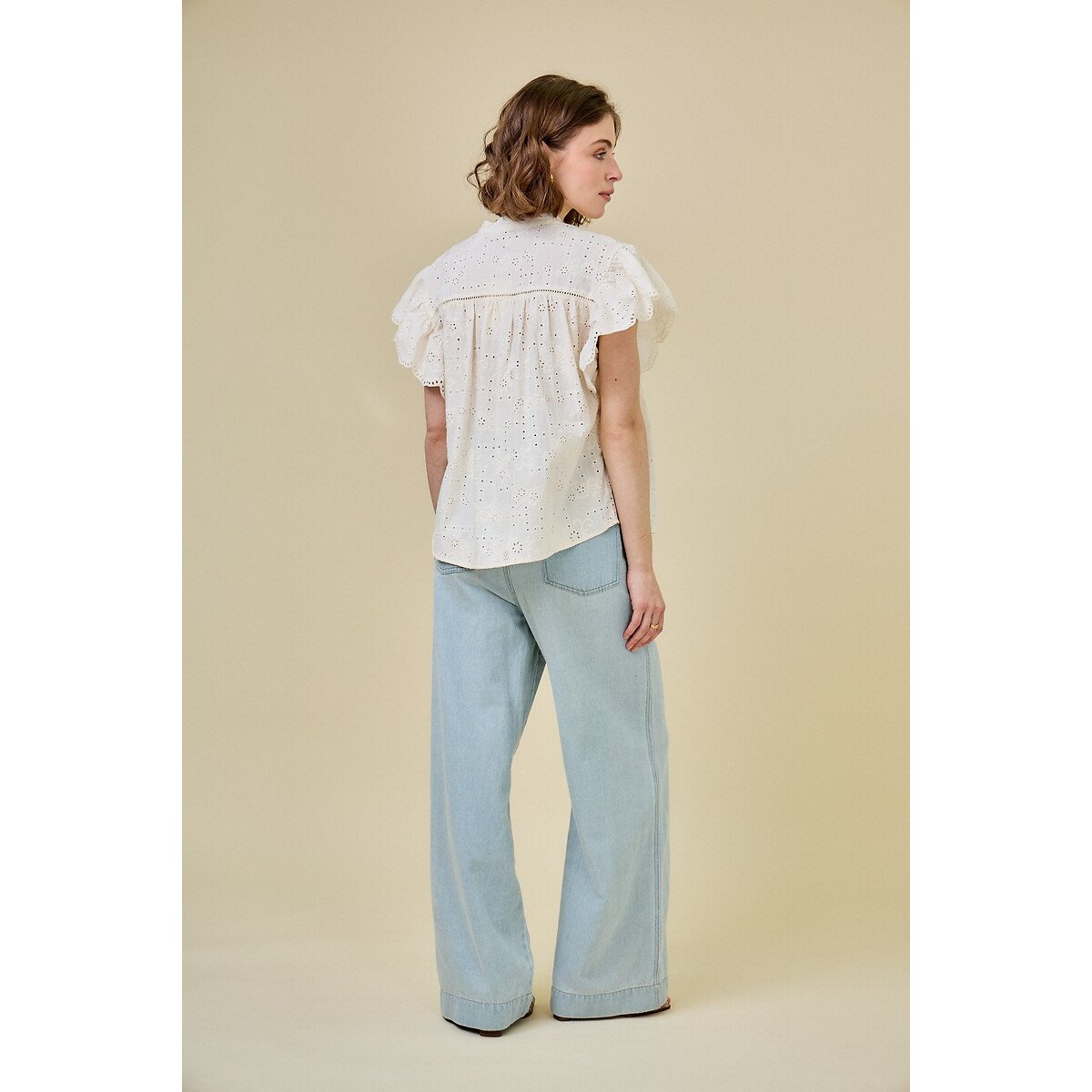 Embroidered Short Sleeve Blouse ecru , SEE U SOON