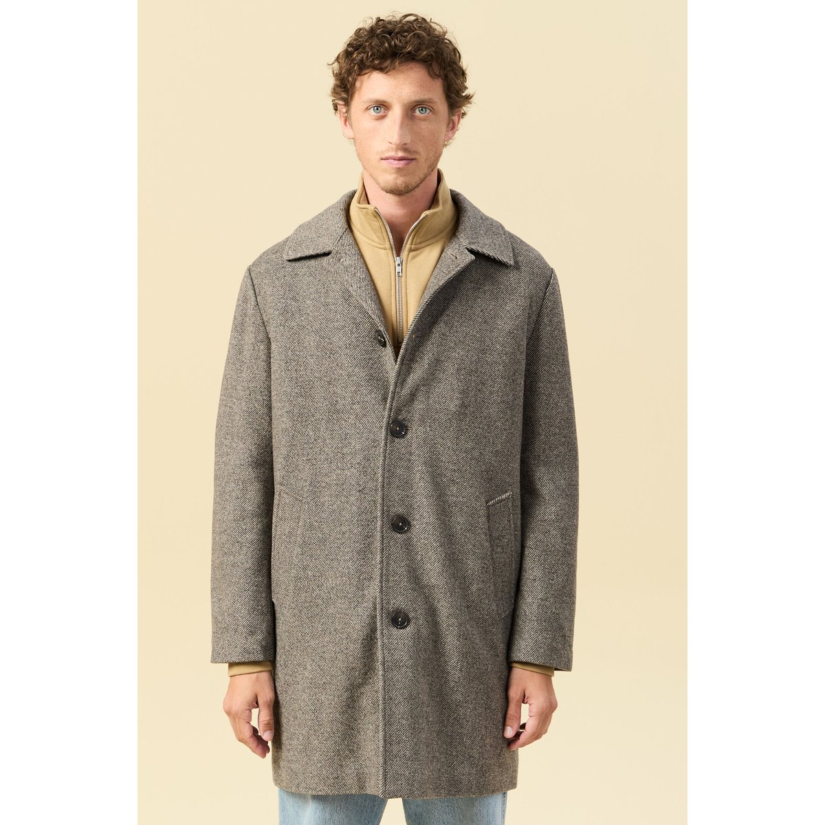 Manteau droit long col classique beige, BONOBO