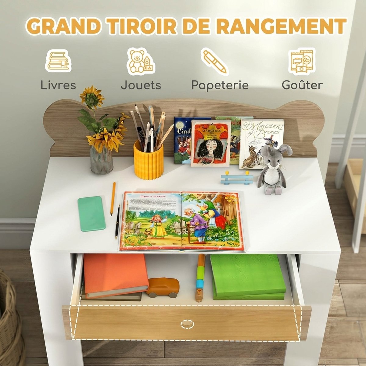 Bureau d'étude pour enfants avec chaise MDF bois naturel et blanc, AIYAPLAY