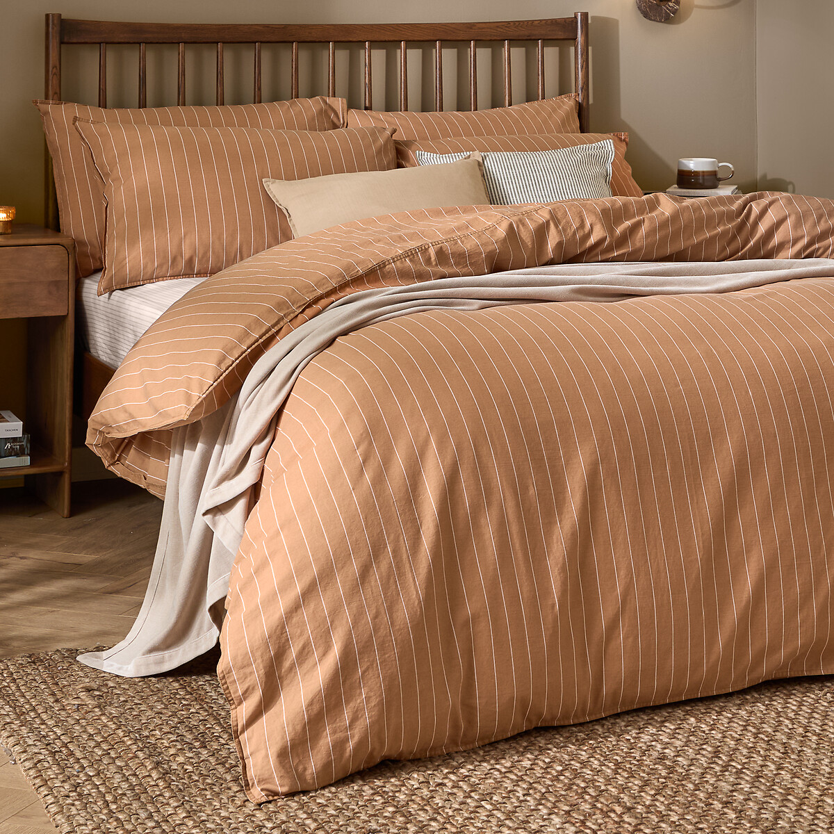 Linear Stripe 100% Cotton Duvet Cover and Pillowcase Set brown , YARD