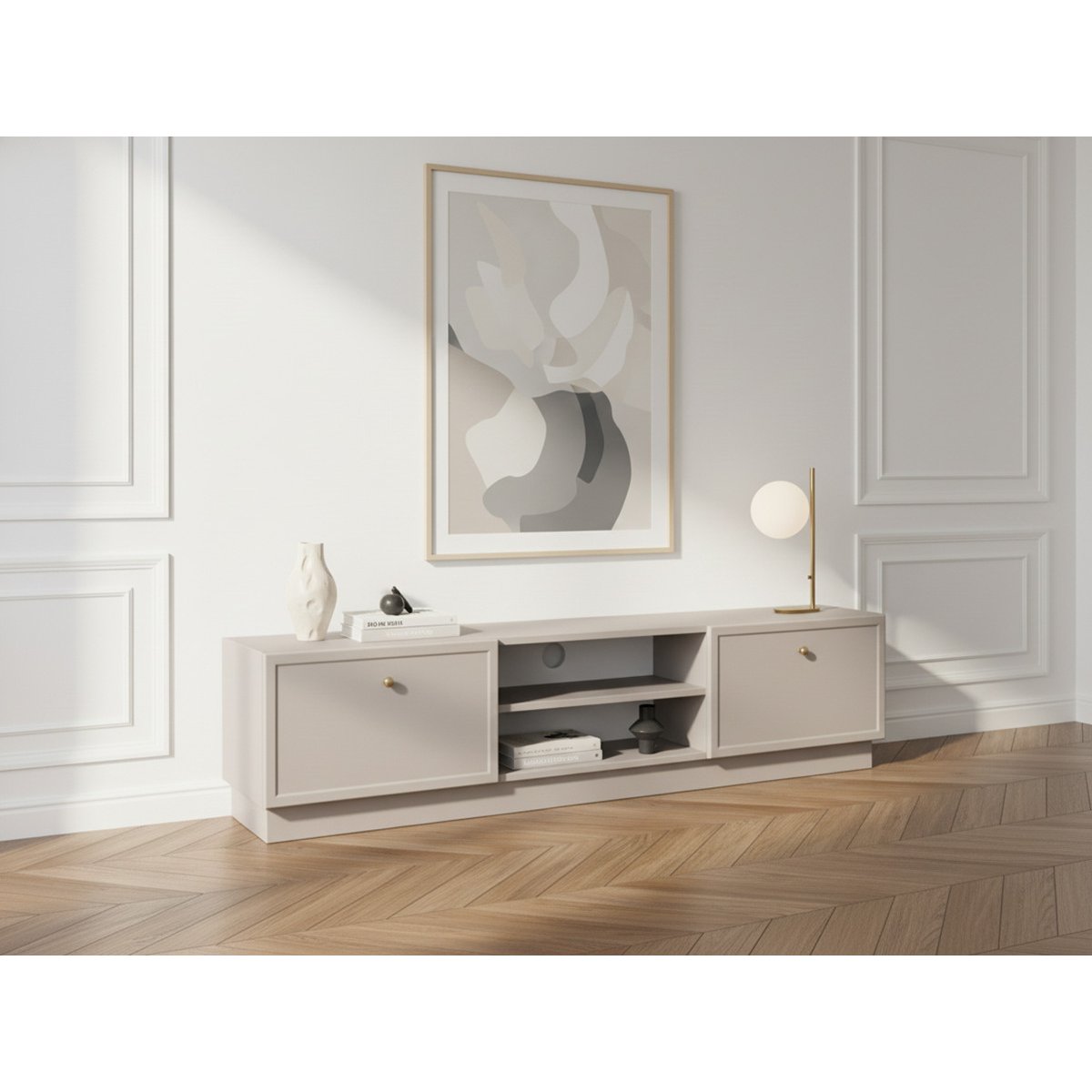 Meuble TV 150 cm panneaux de particules, LORINA beige, BOBOCHIC