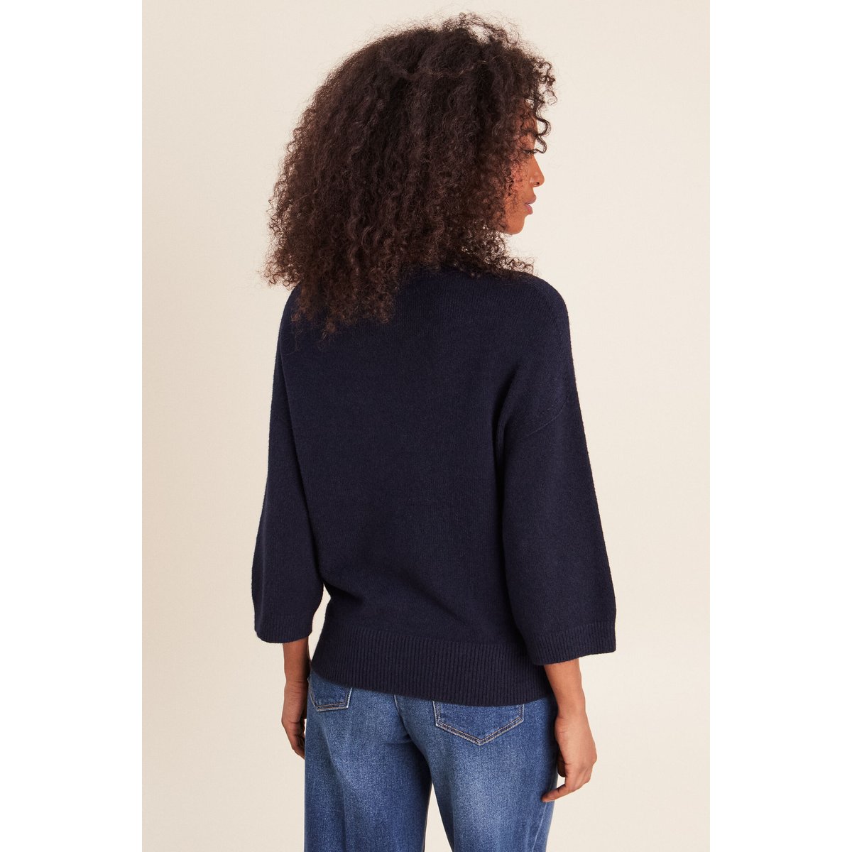 Pull droit col rond manches 3/4 bleu marine, BREAL