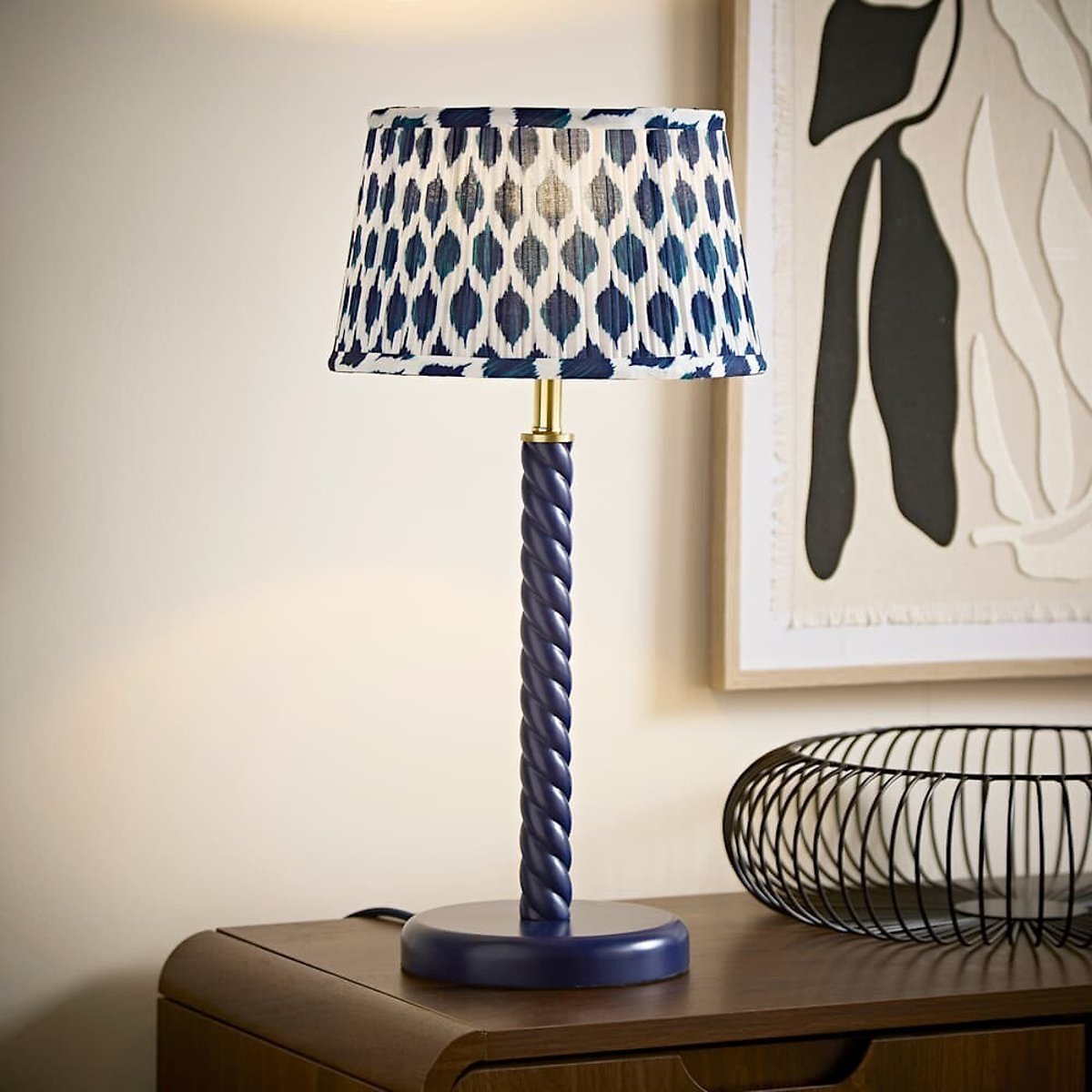 Amalia Twist Table Lamp with Ikat Taper Shade navy blue, SO'HOME