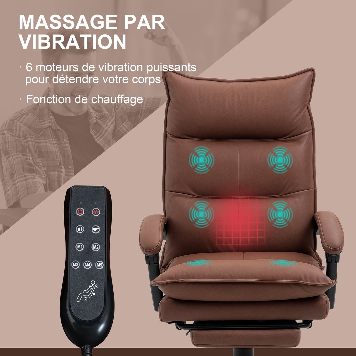 Fauteuil de bureau avec fonction massage marron et noir, HOMCOM