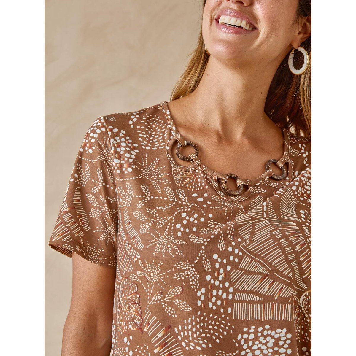 Tee-shirt encolure fantaisie imprimé marron, DAXON