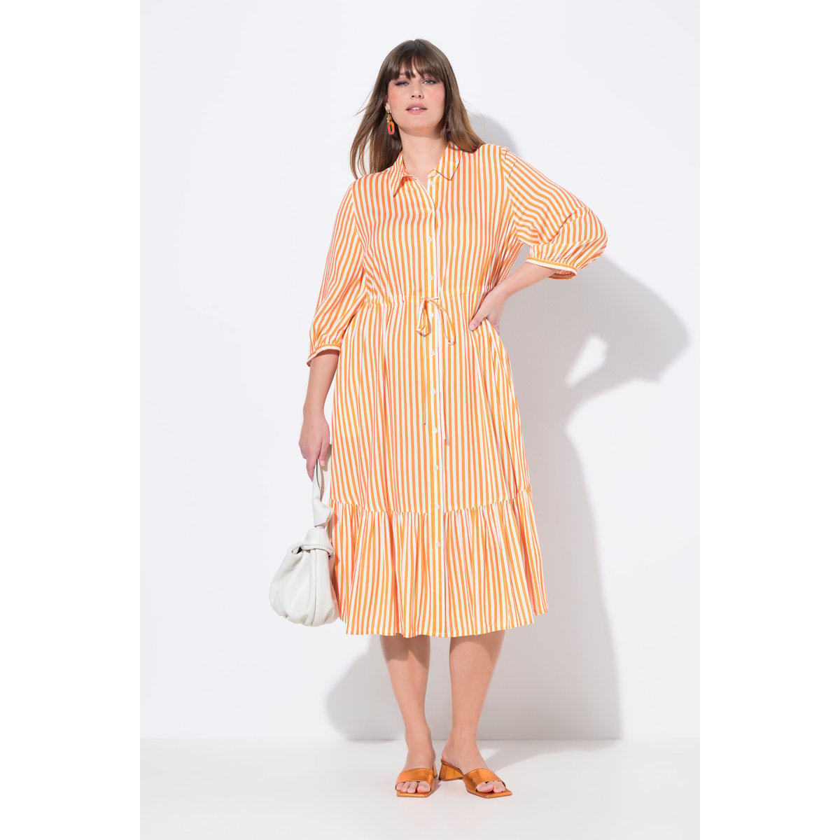 Robe-chemisier à rayures. Col chemise orange vif, ULLA POPKEN