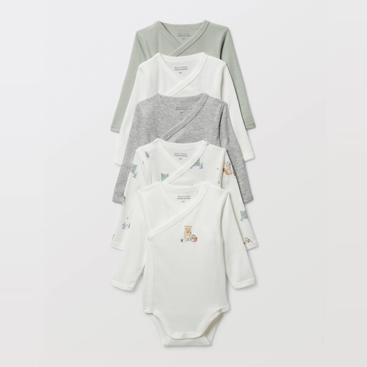 Lot de 5 bodies manches longues imprimé en coton BIO GOTS ecru, BOUT'CHOU