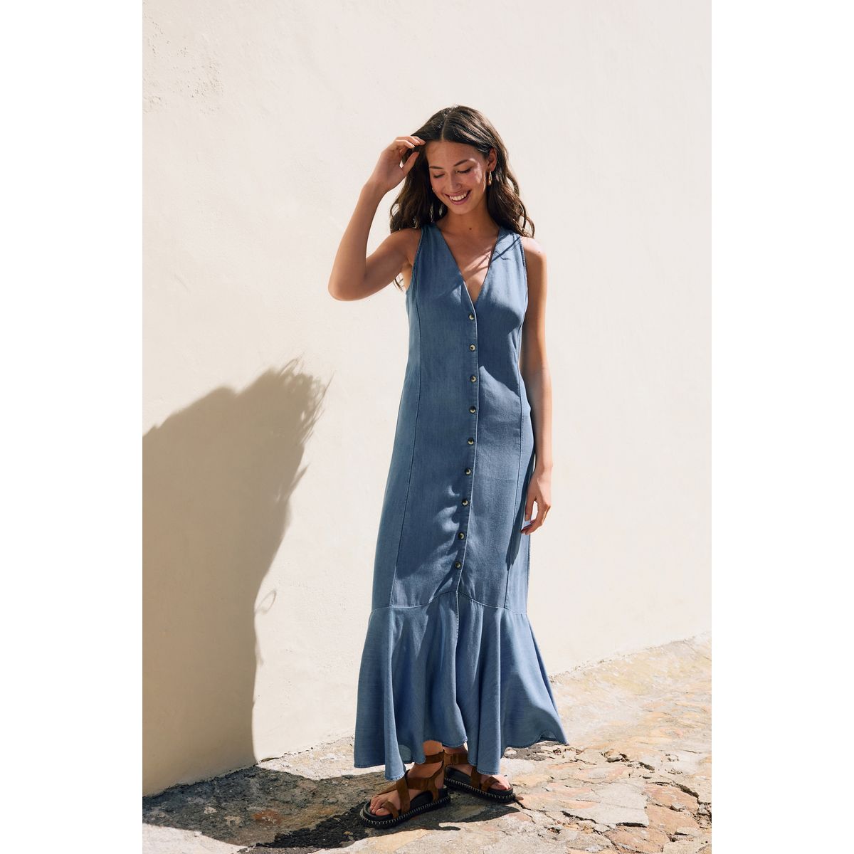 Robe mi-longue boutonnée bleu, NEXT