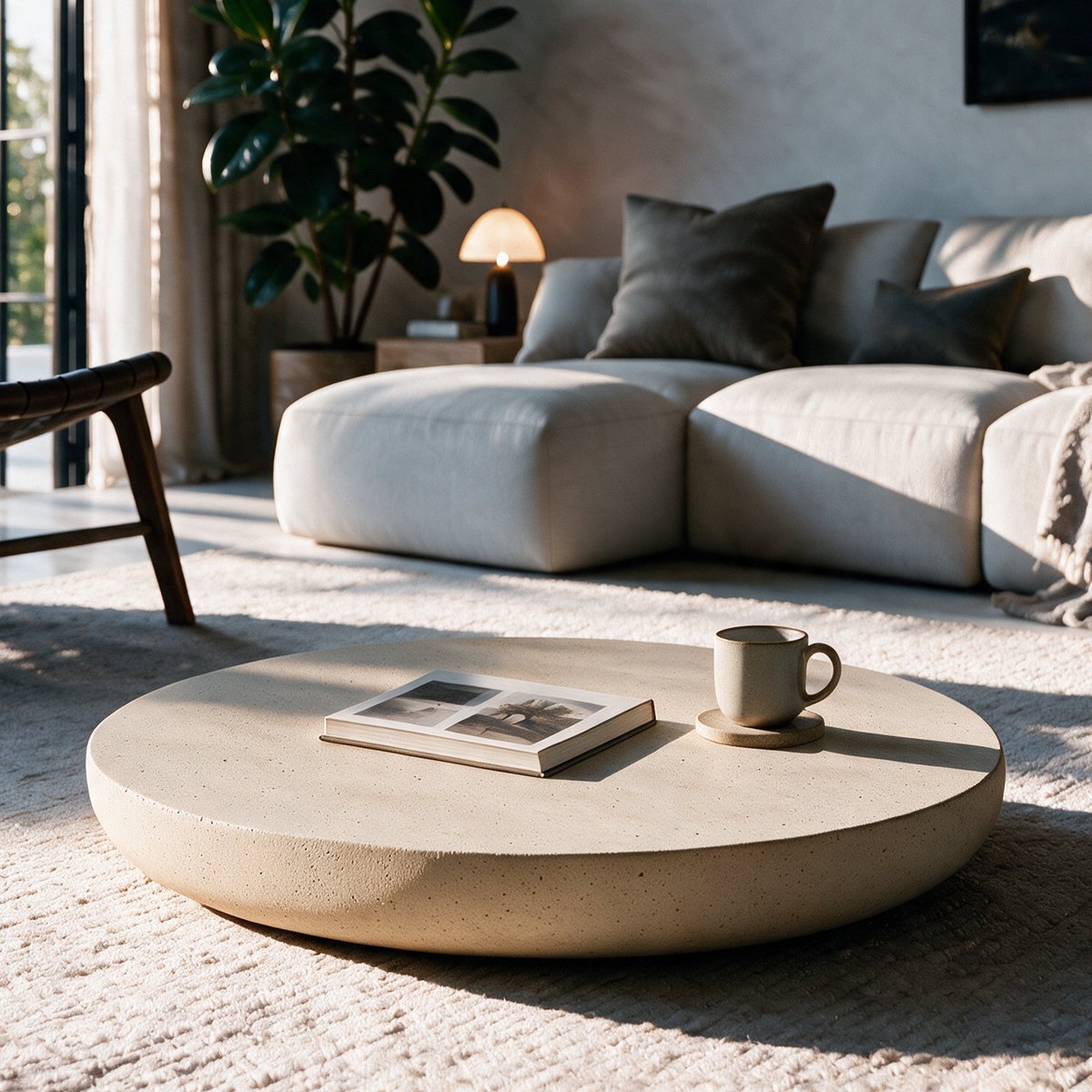 Table basse ronde en fibre d'argile effet béton D100 cm - MILOS beige, MAISON PAVANE