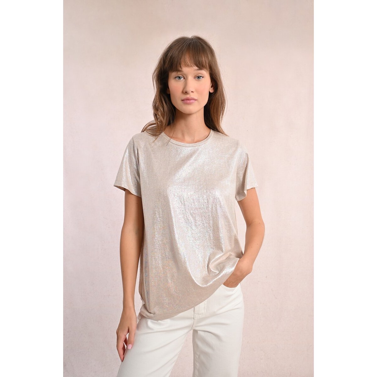 T-shirt manches courtes col rond beige, MOLLY BRACKEN