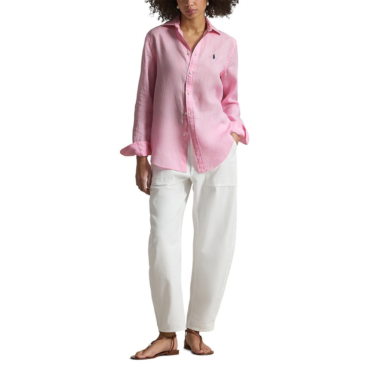 Camisa de lino de manga larga rosa claro, POLO RALPH LAUREN