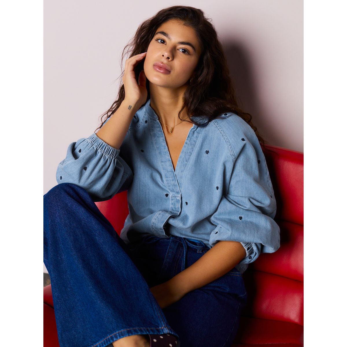Chemisier en denim à manches bouffantes bleu foncé, NEXT