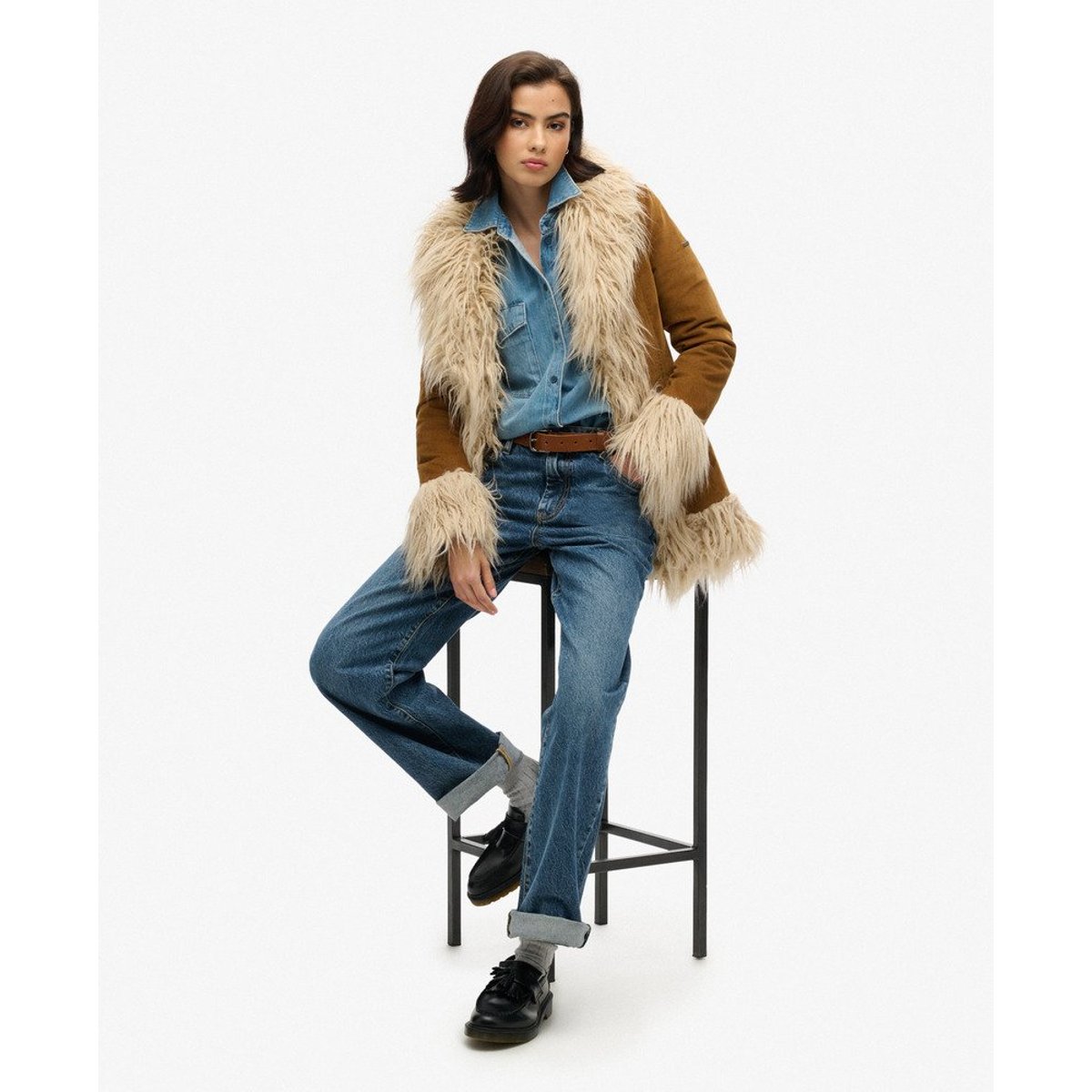 Manteau afghan avec doublure en imitation fourrure marron denim co tobacco, SUPERDRY