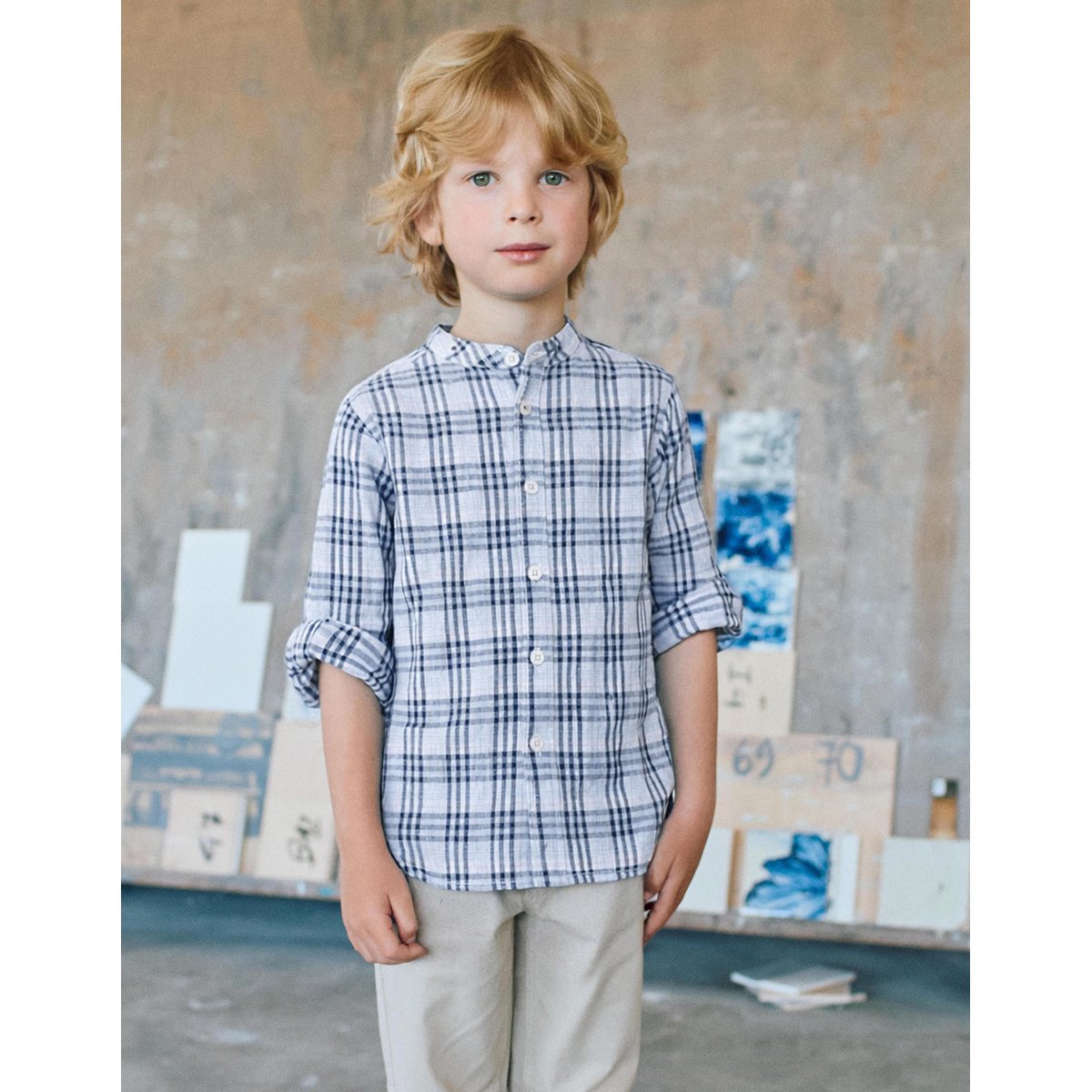 Chemise en coton à carreaux et manches retroussables B&S bleu foncé, ZIPPY
