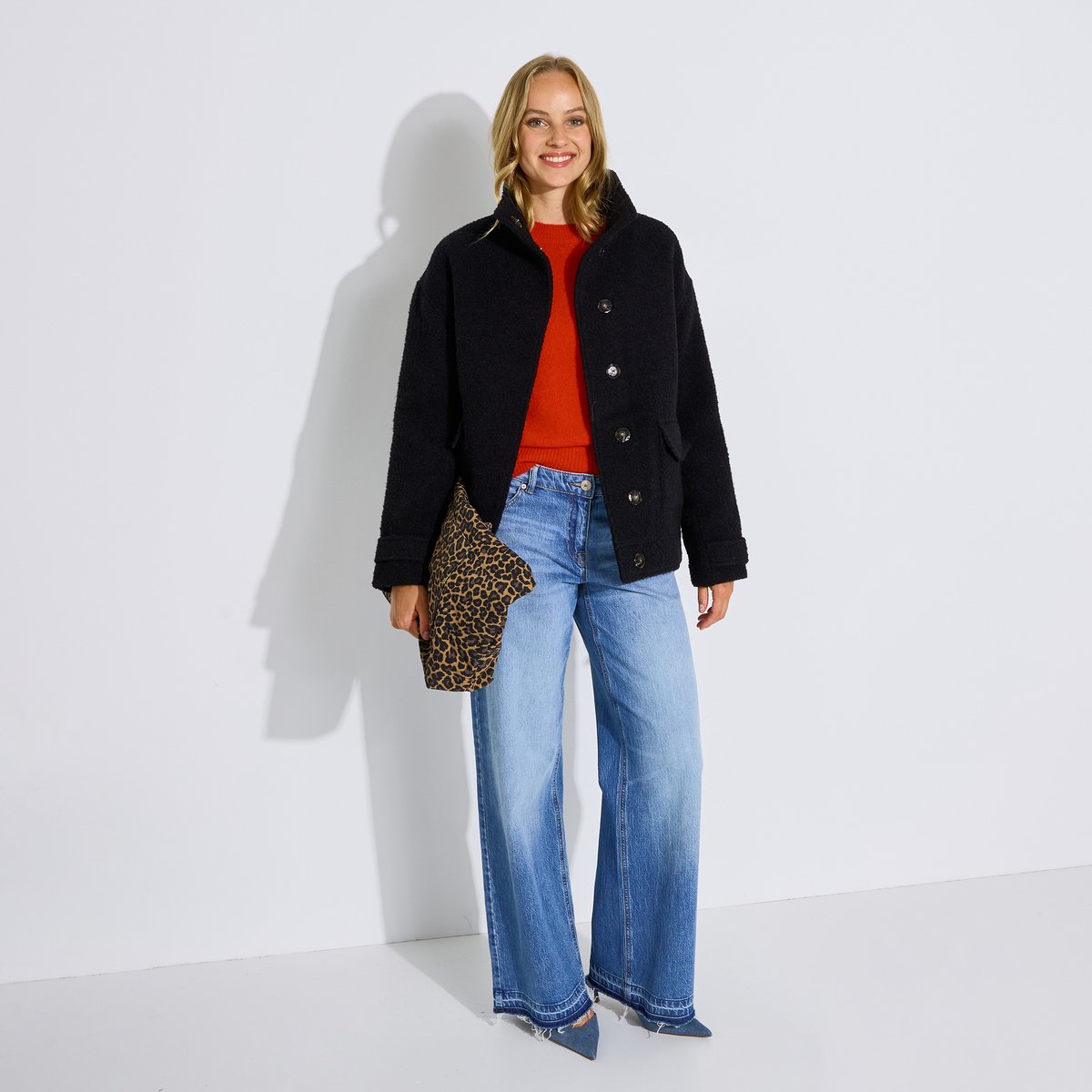 Manteau court en maille bouclée noir, GRAIN DE MALICE