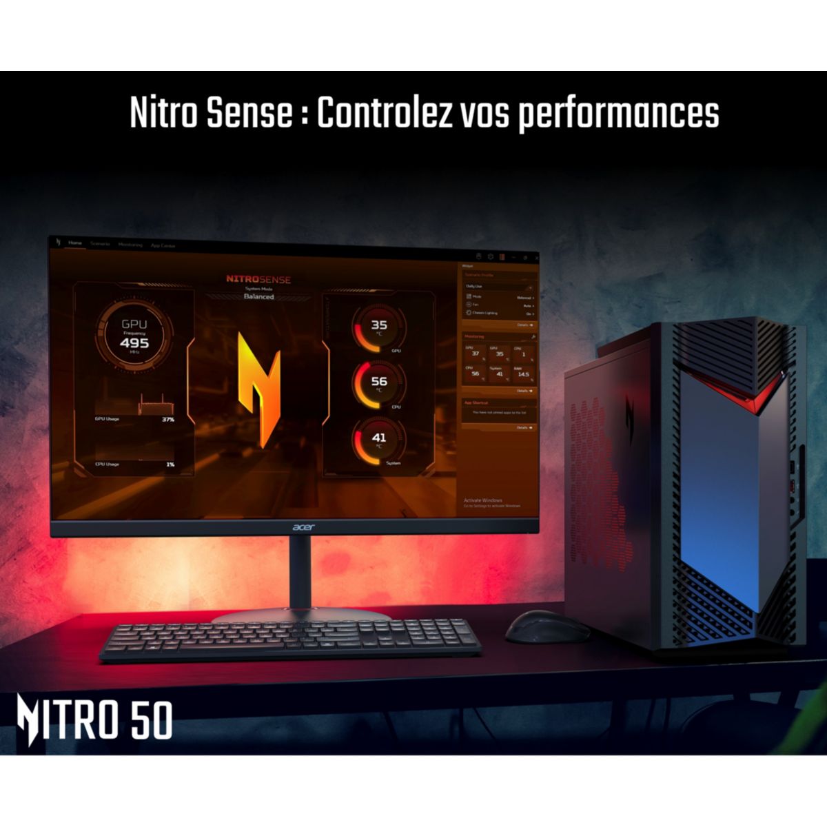 PC Gamer Nitro 50-656 - Intel Core i5 14400F - Nvidia RTX 5050 - 16 go RAM DDR5 - SSD 512 Go couleur unique, ACER