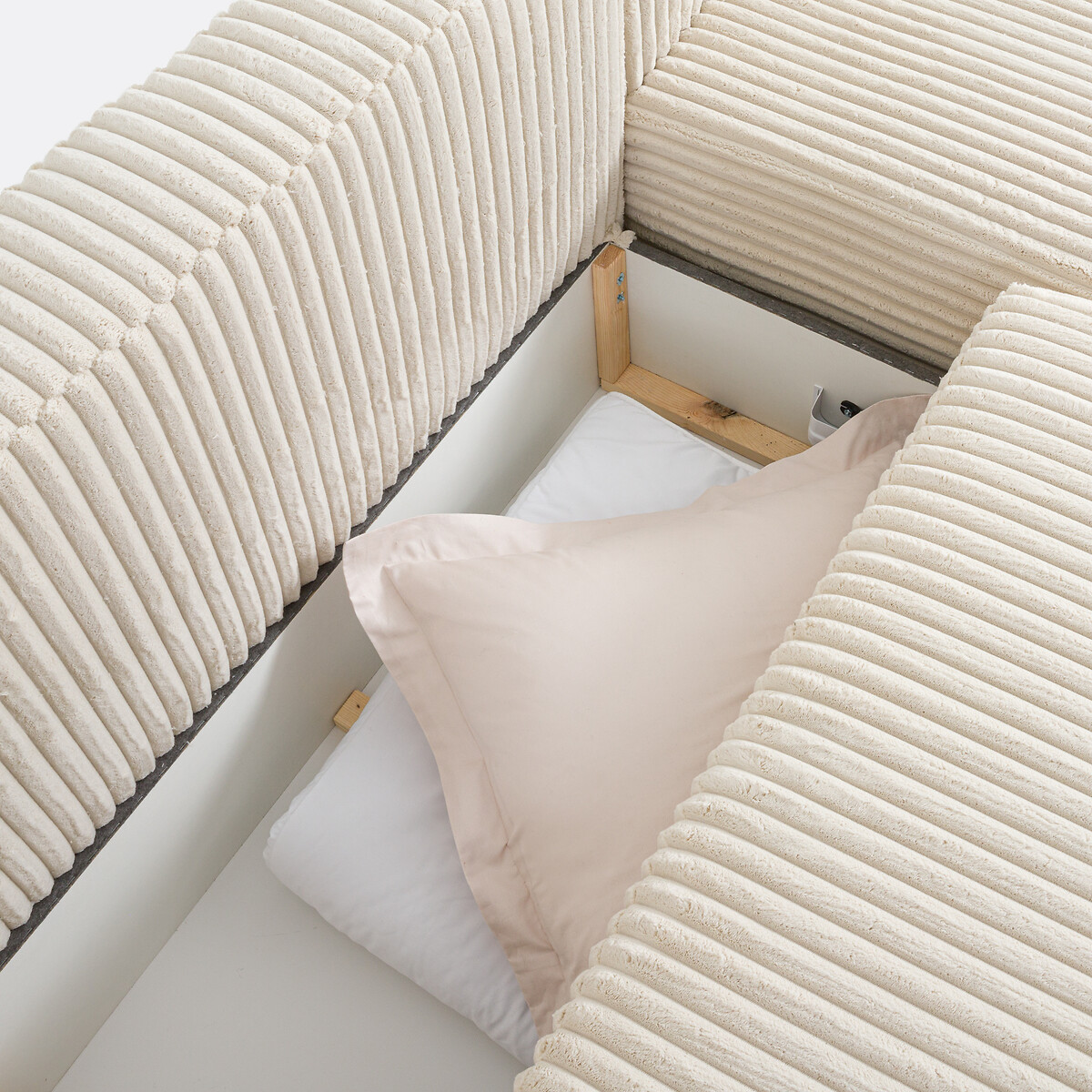 Canapé d'angle convertible avec coffre, en velours côtelé XL, MAONA ecru, LA REDOUTE INTERIEURS
