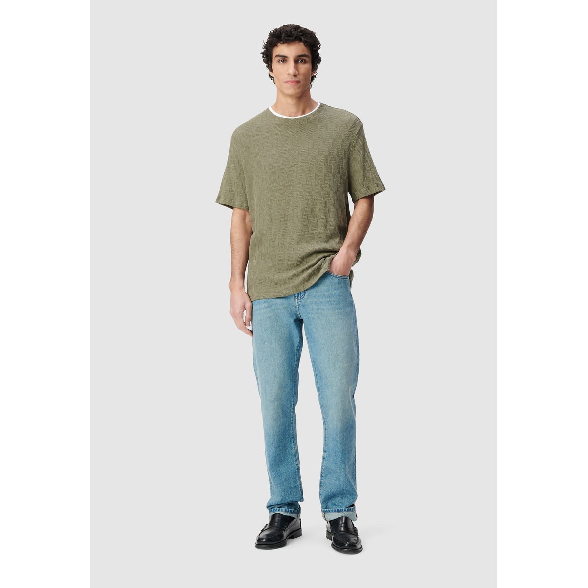 T-shirt col rond maille relief kaki, IKKS