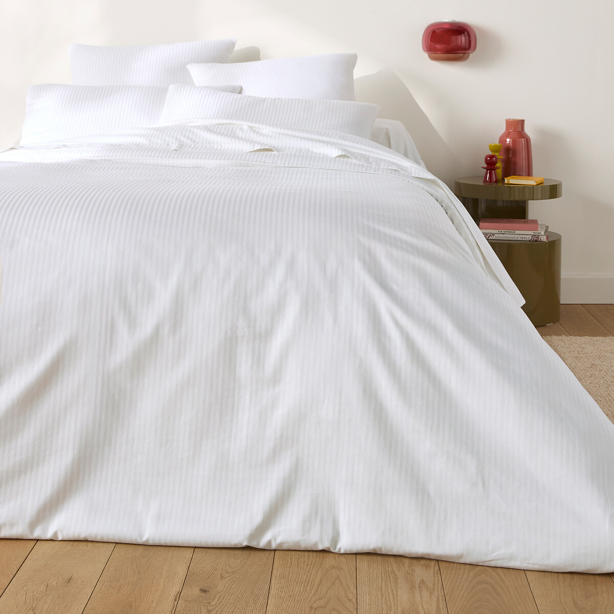 Opale Striped Cotton Satin 350 Thread Count Bolster Case white, LA REDOUTE INTERIEURS