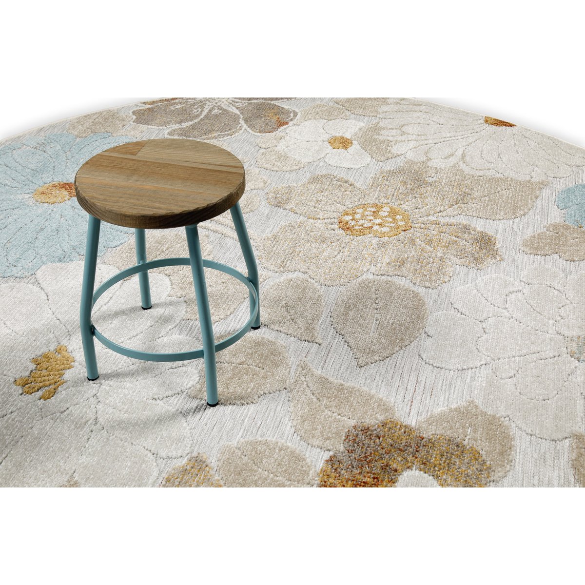 Tapis intérieur extérieur rond vintage floral ,  Beach Flower beige,bleu clair,jaune, WECON HOME
